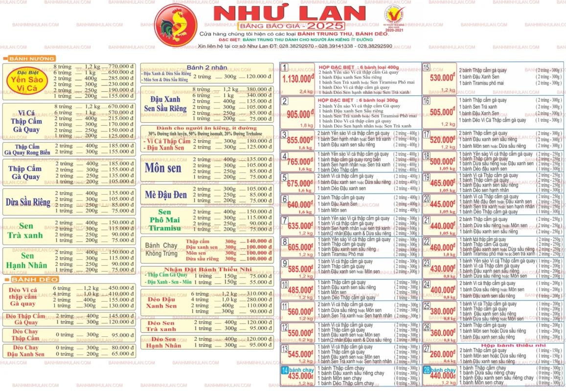 Bảng giá bánh trung thu Như Lan - 2025 Mới Nhất